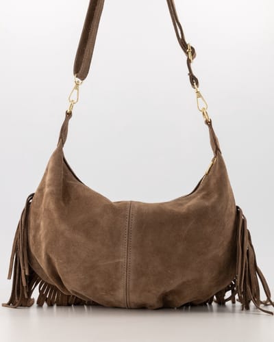 tas- taupe- suède- franjes -crossbody/schoudertas- modieus
