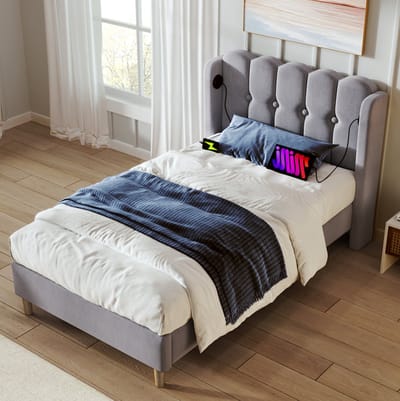 MEUNIQ gestoffeerd eenpersoonsbed 90 x 200 cm met lattenbodem, USB en Type-C in hoofdbord, grijs stoffen bedframe voor slaapkamer of logeerkamer