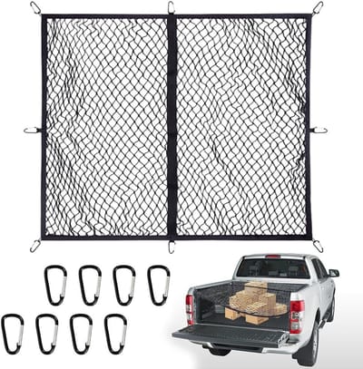Verstelbare Bagagenet 120 x 120 cm, Uitrekbaar tot 210 x 210 cm, Hoogwaardige Elastische Net voor Organisatie van Bagage, Ideaal voor Auto's en Vrachtwagens met 6 Stalen Karabiners en Scheidingsnet