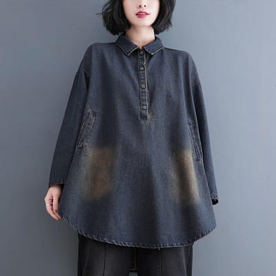 Grote Maat Dames Blouses Shirts Effen Lange Mouw Denim Dames Stijl Mode Blauwe Blouse XXL blauw