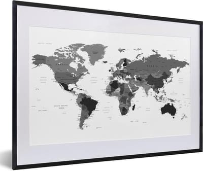 Poster in lijst - Fotolijst 60x40 cm - Posters - Wereldkaart - Kleuren - Topografie - Kinderen - Jongens - Meisjes - Posterlijst zwart - Decoratie - Wanddecoratie woonkamer - Muurdecoratie slaapkamer