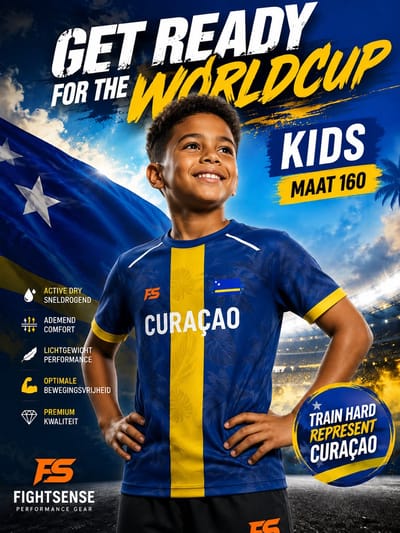 FightSense Curaçao Performance T-Shirt Blauw/Geel Ademend Sneldrogend Sportshirt Kids 150