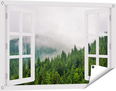 Gards Tuinposter Doorkijk Groen Bos met Bomen tijdens de Mist - 90x60 cm - Tuindoek - Tuindecoratie - Wanddecoratie buiten - Tuinschilderij
