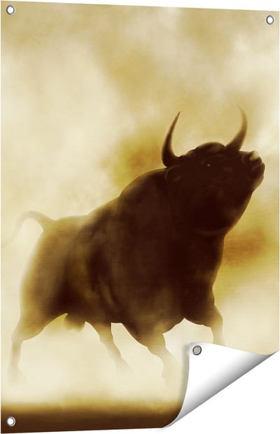 Gards Tuinposter Zwarte Stier in het Stoffige Rook - 60x80 cm - Tuindoek - Tuindecoratie - Wanddecoratie buiten - Tuinschilderij