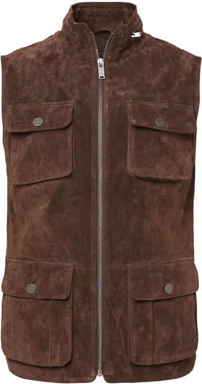 JP 1880 - Heren - Leren gilet leer stevig pigsplit suède opstaande kraag - Bruin - Maat 3XL