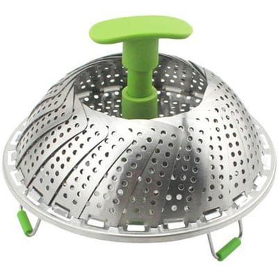 Panier vapeur pliable en acier inoxydable avec poignée en ABS pour légumes, poissons, fruits de mer