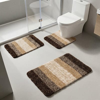 Luxe Badmat Set 3-Delig – Microvezel Badkamermatten – Antislip TPR – Super Zacht & Waterabsorberend – Machinewasbaar – Badkamer & Toiletmat Set – Bruin/Beige