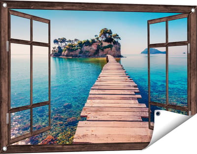 Gards Tuinposter Doorkijk Pad op het Water naar een Grieks Eiland - 90x60 cm - Tuindoek - Tuindecoratie - Wanddecoratie buiten - Tuinschilderij