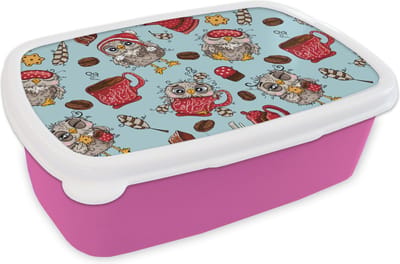 Broodtrommel Roze - Lunchbox - Brooddoos - Patronen - Uil - Ontbijt - 18x12x6 cm - Kinderen - Meisje