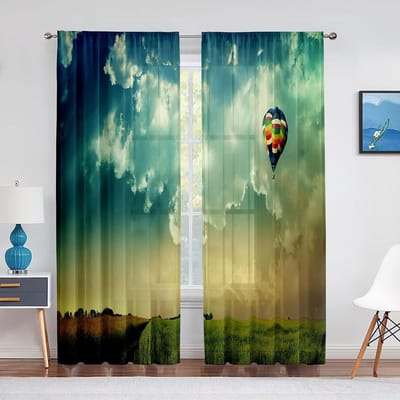 Montgolfière sur le Ciel Paysage Rêveur Voilages Transparents pour Chambre Salon Cuisine Rideaux Décoratifs en Mousseline et Tulle 1 PCS W100XH250cm&Grommet Top