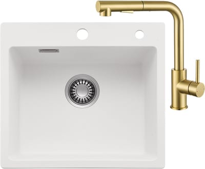 CECIPA max Granieten spoelbakken 40x45CM - Spoelbakken Keuken Wit - Spoelbak Keuken Met Goud Keukenkraan met Uittrekbare Uitloop - Enkele spoelbakken Met sifon - waterafvoersysteem en overloopset