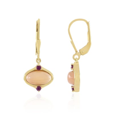 Cavill - Zilveren Oorbellen Verguld 925 Sterling - Perzik Maansteen 3,6 ct Ovaal Cabochon - Rhodoliet 0,18 ct - Chique Elegante Oorbellen Dames 29 mm