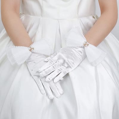 Satin Bruiloftshandschoenen met Korte Strik en Parels voor Vrouwen - Ideaal voor Bruidsaccessoires, Theepartijen en Cosplay