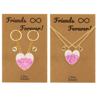 BFF Ketting + Sleutelhanger voor 2 ' Friends Forever' - Roze Glitter Hartje - Bundel op Cadeau Kaartje - Goudkleurig - Vriendschap Symbool - Pax Amare