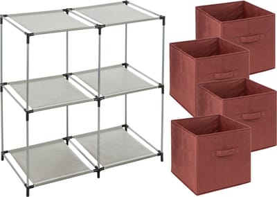 5Five Kastmandjes/opberg manden - donkerrood - 4x stuks van 29 Liter - Metalen rekje is 67 x 68 cm