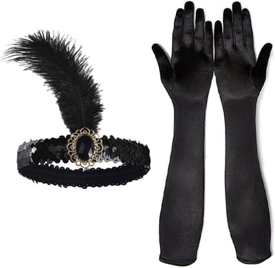 Feather headband en lange satijnen handschoenen, 1920s Gatsby kostuumaccessoires voor dames, perfect voor themafeesten en gala-avonden
