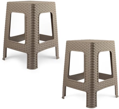 Plasticforte Zit krukjes - 2x - taupe - rotan kunststof - 37 x 37 x 46 cm - extra zitplaatsen