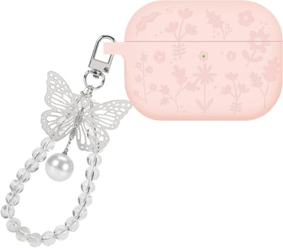 Beschermende Hoes voor Airpods Pro 3e Generatie met Sleutelhanger, Zacht Silicoon, Schokbestendig en Stofdicht, Roze met Gegraveerd Bloemmotief