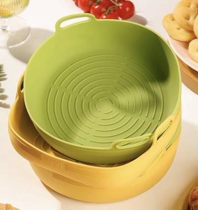 ZYLARO Siliconen Airfryer Bakjes - Airfryer Accesoires - 2 Stuks XL - Ronde - Bakpapier Alternatief - 100% BPA Vrij - 20CM - Groen en Geel
