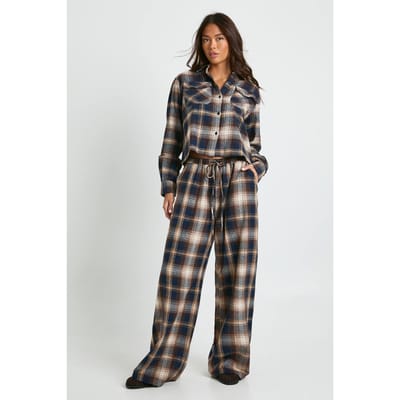 boohoo Dames Checkprint, broek met trekkoordtaille en wijde pijpen | Brown | Maat: 6