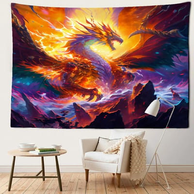 Piek Draak Vuur Wandkleed Cartoon Kawaii Abstracte Kunst Mysterieuze Hekserij Hippie Slaapkamer Huisdecoratie 95x70CM orange