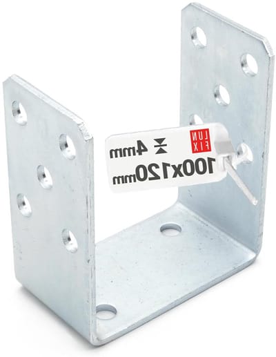 Schroefbare U-paaldrager 100 mm breed, 120 mm, hoogte 60 mm, diepte 4 mm, verzinkt staal, verschillende breedtes 70-120 mm, voor terrassen, carports en alle projecten in