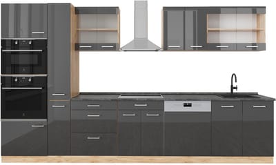 Vicco R-Line Complete keukeneenheid – 350 cm met hoge kast, WB Antraciet Antraciet hoogglans/goud eiken