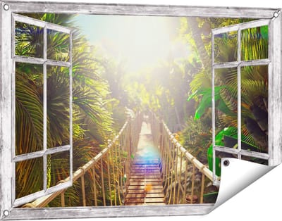 Gards Tuinposter Doorkijk Houten Brug in de Tropische Jungle - 90x60 cm - Tuindoek - Tuindecoratie - Wanddecoratie buiten - Tuinschilderij