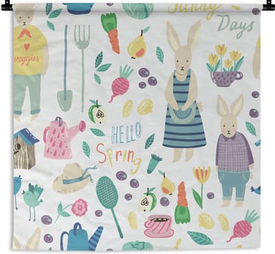 Wandkleed - Wanddoek - Patronen - Konijn - Lente - Tuin - 90x90 cm - Wandtapijt