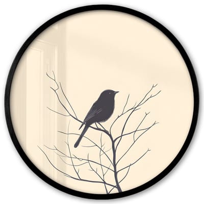 Poster in lijst Rond - Fotolijst 40x40 cm - Posters - Vogel - Zwart - Tak - Minimalistisch - Ronde posterlijst zwart - Decoratie - Wanddecoratie woonkamer - Muurdecoratie slaapkamer