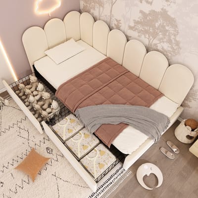 Slaapbank 90x190 cm - eenpersoonsbed met bedbodem - kinderbed met ladeopslag - beige - zonder matras