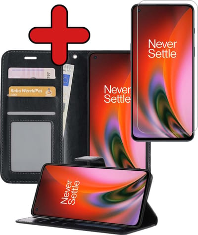 Hoesje - Met Screenprotector - Geschikt voor OnePlus Nord 2 - Luxe Pasjeshouder - Flipcase - Bookcase Portemonee - Flip Case - Kunstleer Book Case - Book Cover - Walletcase - Portemonneehoes - Telefoonhoes - Zwart
