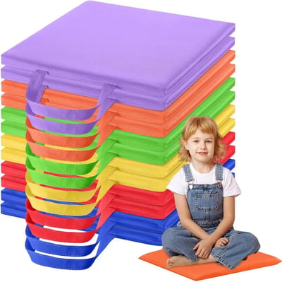 Vloerkussens Kinderen - Zitkussens Vierkant - Klaslokaal Gebruik - Met Handgreep - 30x30 cm - 6 Kleuren Set