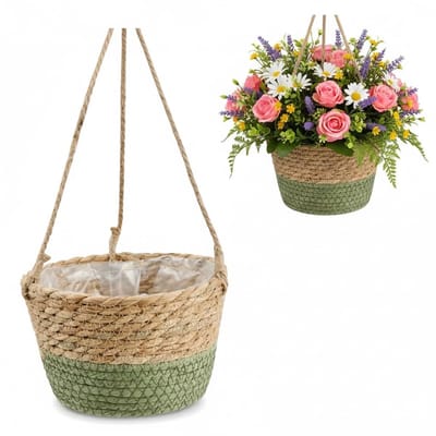 Hangpotten, handgeweven, hangmand, plantenbak, handgeweven bloempot voor buiten, stro, voor woondecoratie (groen)