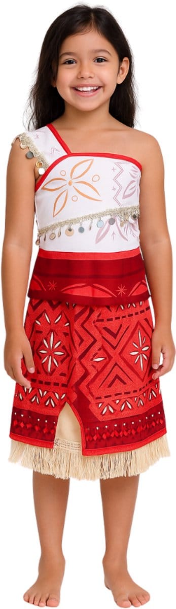 Joya Kids® Oceaanprinses Verkleedjurk Meisje | Polynesische Prinsessenjurk Kind | Hawaï Kostuum | Jurk met Schelpen & Franjes Rood Wit | Carnaval & Verkleedfeest | Maat 110