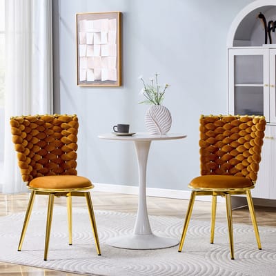 MODFU - Eetkamerstoelen Set Van 2 - Gevlochten Rugleuning - Fluweel - Metalen Poten - Oranje