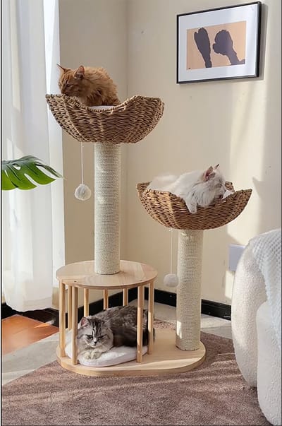 BingoPaw Krabboom - Moderne Krabboom Hout - 99cm Hoge Stabiele Krabboom - met 2 Kattenmanden Pluche Ballen Sisal Kolom Kattengrot - Luxe Klimboom voor Katten in alle Levensfasen