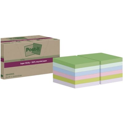 Post-it® sticky notes Super Sticky Recycling Notes 622-RSS12COL, B 47,6 x D 47,6 mm, PEFC® papier, gekleurd, 12 pads, 70 vellen/pad