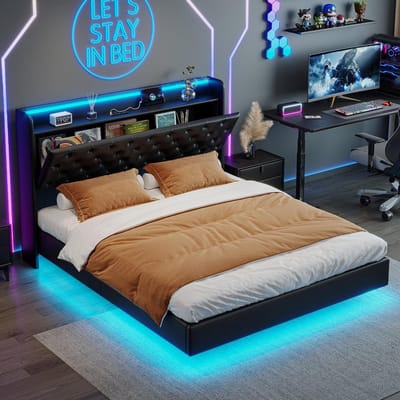 Tweepersoonsbed met Opbergruimte en LED-verlichting 140x200 cm Zwart PU
