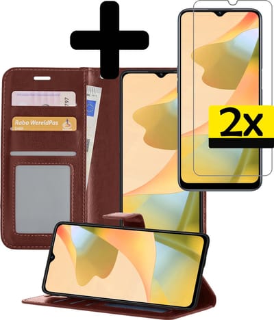 Hoesje - Met 2x Screenprotector - Geschikt voor OPPO A16 - Luxe Pasjeshouder - Bookcase Portemonee - Flip Case - Kunstleer Book Case - Flipcase Hoes - Book Cover - Walletcase - Portemonneehoes - Telefoonhoesjes - Bruin