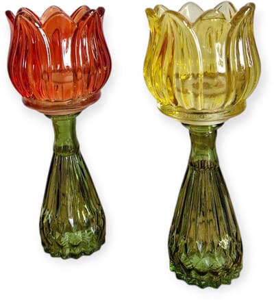 Daan Kromhout - Waxine houders - Kaarsenhouders - Set van 2 - Tulp - Glas - Oranje en Geel - 7x18cm