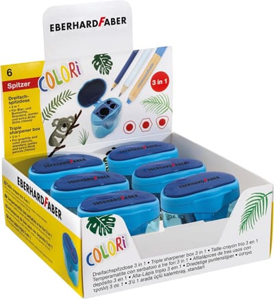 SnelShoppen - Drievoudige Puntenslijper Colori Set van 6 - Puntenslijper met Houder 3 in 1 - Blauwe Puntenslijper voor Kinderen, Creatief Schrijven en