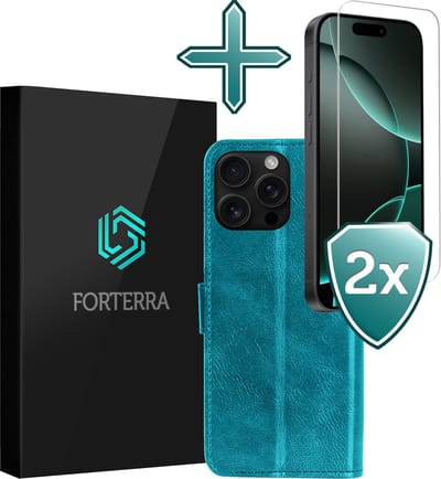 Hoesje Met 2x Screenprotector - Geschikt voor Apple iPhone 16 Pro - Luxe Pasjeshouder - Flip Case - Bookcase Portemonee - Kunstleer Book Case - Flipcase Hoes - Book Cover - Walletcase - Portemonneehoes - Turquoise
