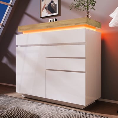 MODFU - Dressoirkast - Hoogglans - 2 Deuren En 3 Lades - Modern - Voor Woonkamer Of Slaapkamer - MDF En Spaanplaat - Wit - 115 x 110 x 39 cm