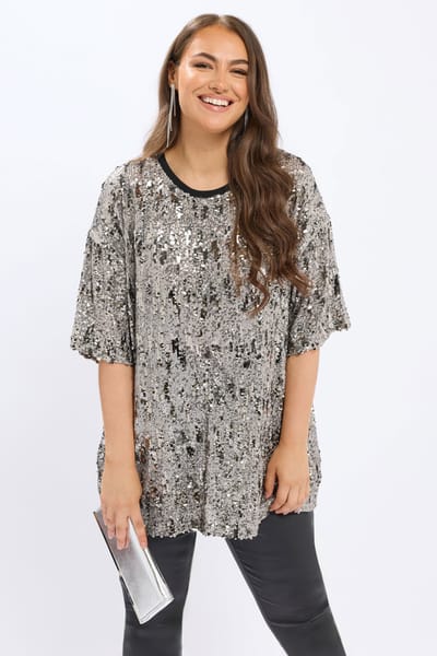 Yours Zilveren Pailletten Tshirt Size 42