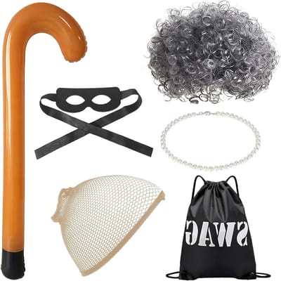 6-delige Kostuumset voor Oudere Dames met Grijze Peruk, Haarnet, Masker en Accessoires voor Halloween en Verkleedfeest
