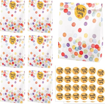 Set van 30 cadeauzakjes met 40 stickers, 19 x 13 x 3,5 cm, papieren zakjes voor verjaardagsgeschenken, bruiloften en feestjes met ronde stippen