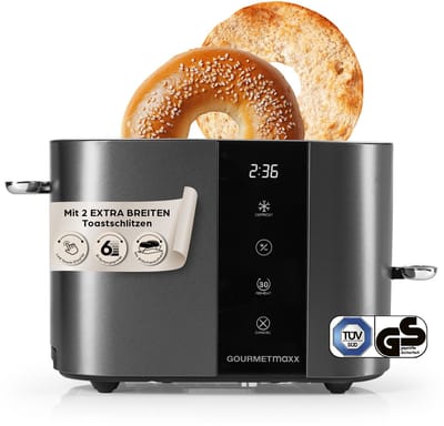 GOURMETmaxx broodrooster met korte sleuf voor 2 sneetjes | Broodrooster antraciet met 6 bruiningsstanden en Ready-2-eat-countdown | Elektrisch keukenapparaat met touchdisplay, broodroosteropzetstuk en opwarmfunctie