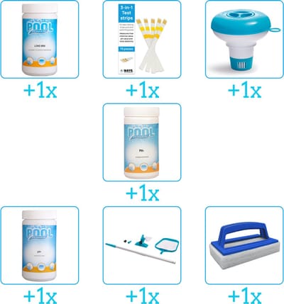 Zwembad Onderhoudspakket - Onderhoud Zwembad - bevat Chloor - Testrips - Chloordrijver - PH-min - PH-plus - Schoonmaakset en Scrubborstel (7-delig)
