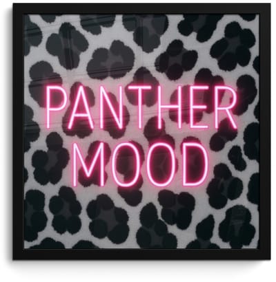 Poster in lijst - Fotolijst 40x40 cm - Posters - Panterprint - Zwart - Neonletters - Roze - Posterlijst zwart - Decoratie - Wanddecoratie woonkamer - Muurdecoratie slaapkamer